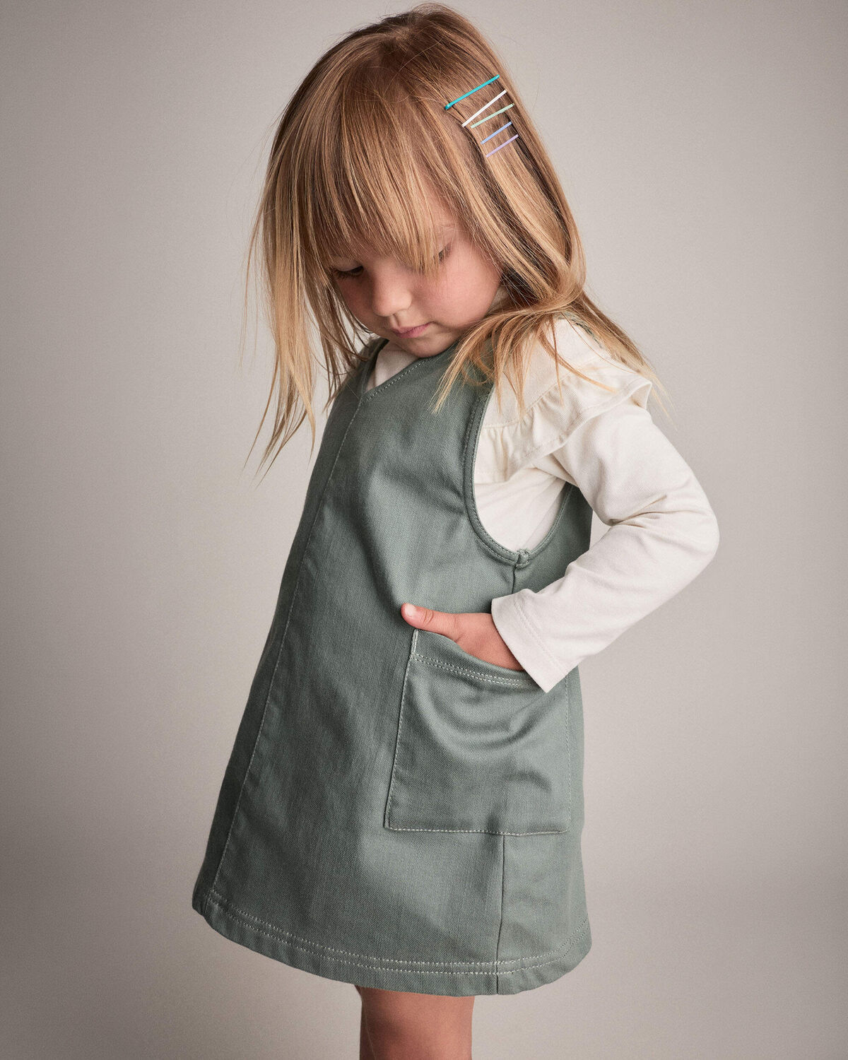Toddler Girl Otter Pocket Denim Jumper - Olive - Image 5