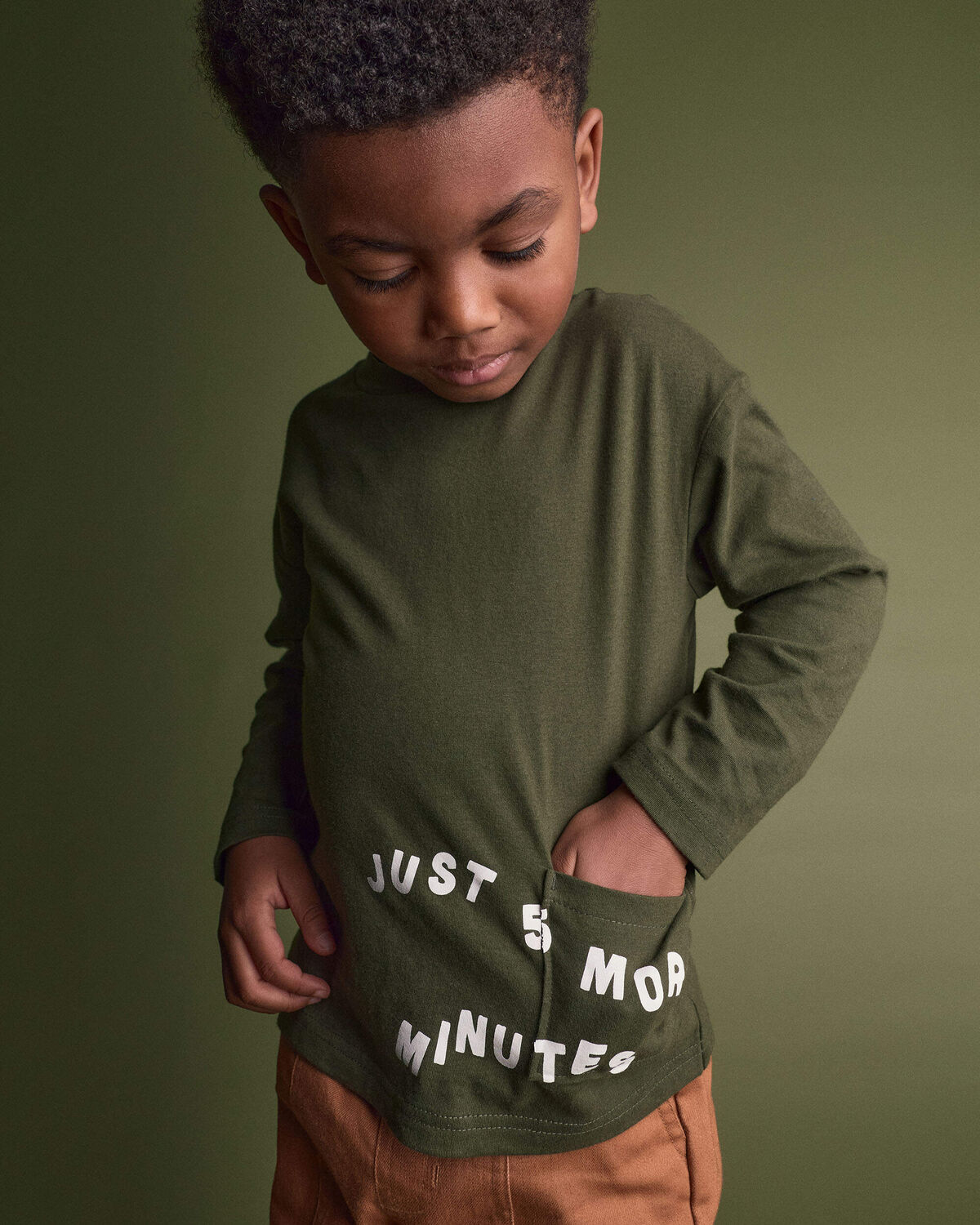 Toddler 'Just 5 More Minutes' Long-Sleeve Relaxed Graphic Tee - Olive - Image 3