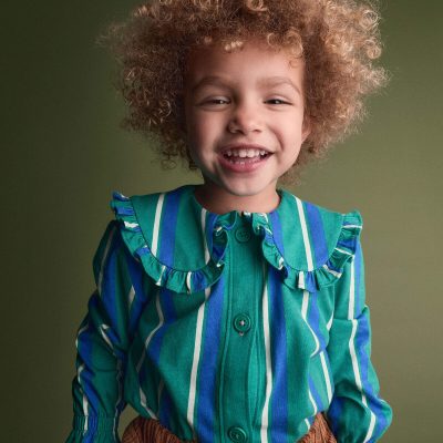Toddler Girl Peter Pan Collar Top in Stripes - Green/Blue