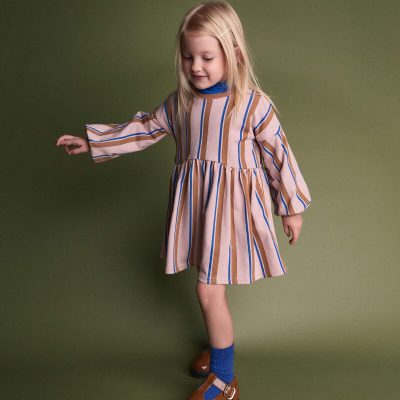 Toddler Girl Balloon-Sleeve Dress in Stripes - Pink/Brown/Blue