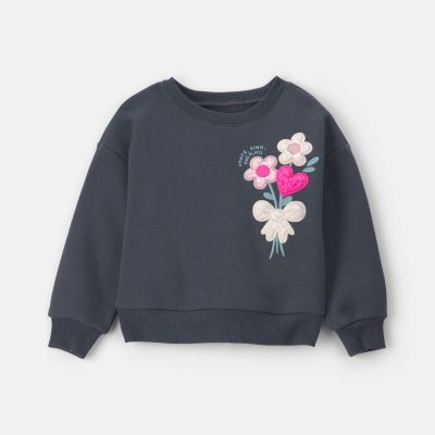 Toddler Girl Floral Fleece Pullover Sweatshirt - Dark Grey