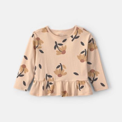 Toddler Girl Floral Long-Sleeve Peplum Top - Tan