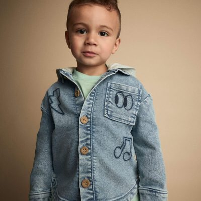Toddler Denim Hooded Jacket in Avenue Wash - Blue/Heather Grey