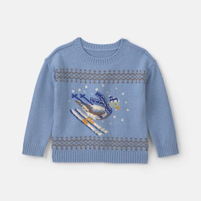 Toddler Boy Duck Skiing Fair Isle Sweater - Blue