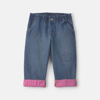 Toddler Girl Acid Wash Denim Baggy Cuffed Flower Jeans - Blue/Pink