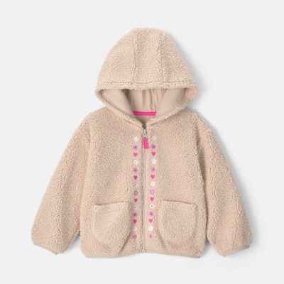 Toddler Girl Flower Teddy Fleece Zip-Up Hoodie - Cream