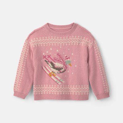 Toddler Girl Duck Skiing Fair Isle Sweater - Pink