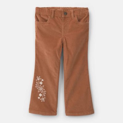 Toddler Girl Floral Embroidered Corduroy Flare Pants - Brown