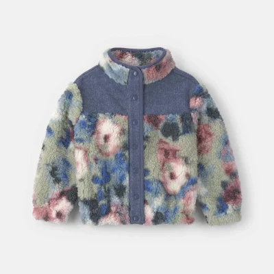 Toddler Girl Floral Teddy Fleece Jacket - Blue