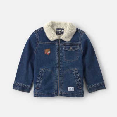 Toddler Boy Bear Teddy Fleece Denim Jacket - Dark Wash