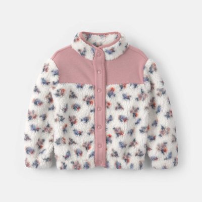 Toddler Girl Floral Fleece Jacket - Pink/White