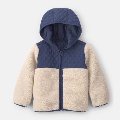 Toddler Boy Teddy Fleece Color Block Zip-Up Hoodie - Navy Blue/Cream