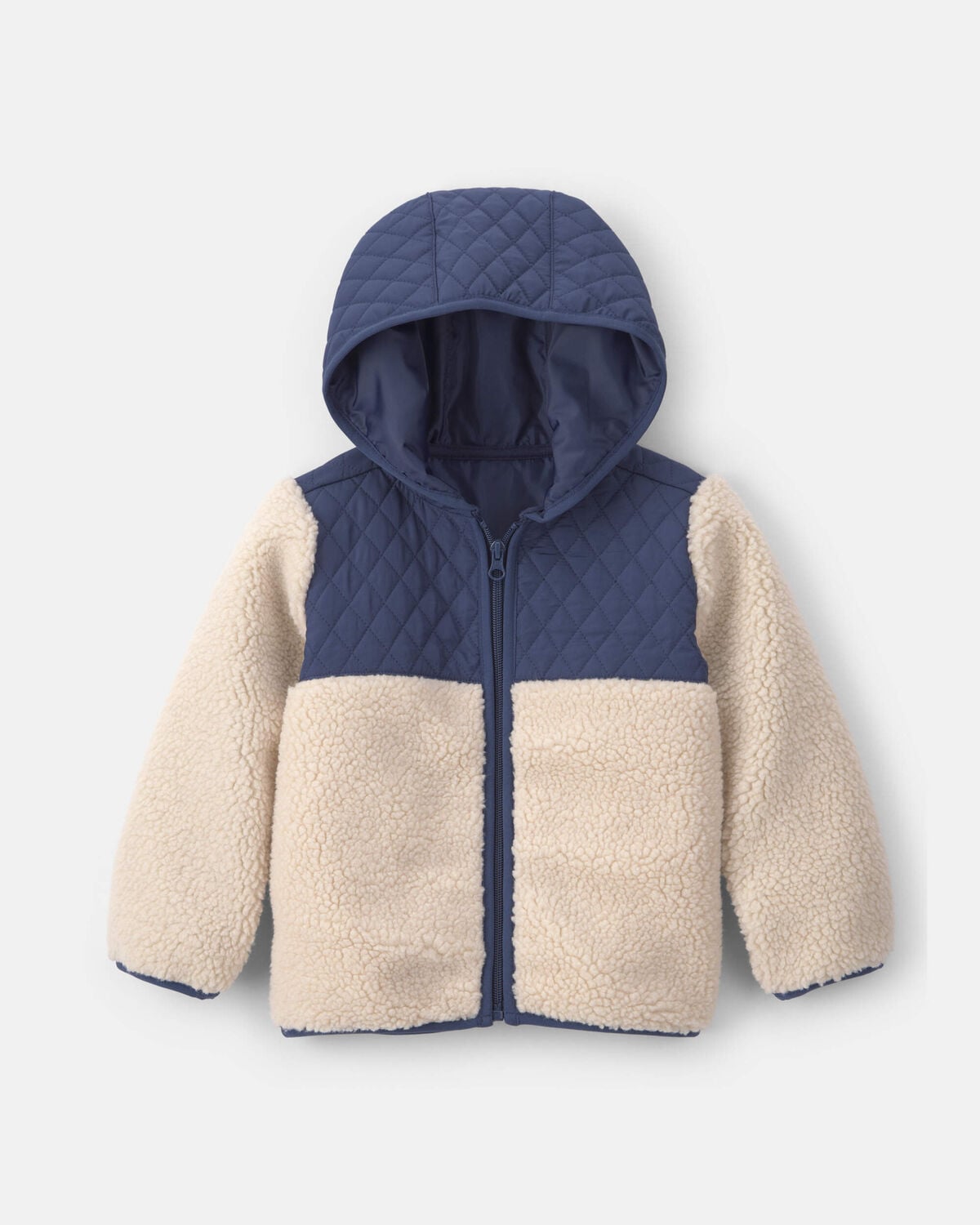 Toddler Boy Teddy Fleece Color Block Zip-Up Hoodie - Navy Blue/Cream