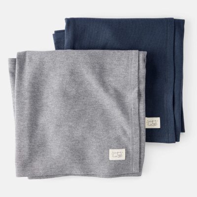 Baby 2-Pack Waffle Knit Blankets - Grey/Navy