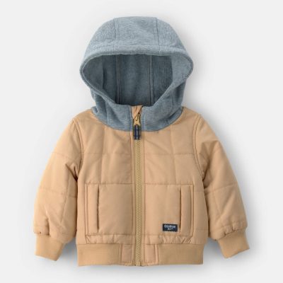 Baby Boy Hooded Midweight Quilted Jacket - Brown