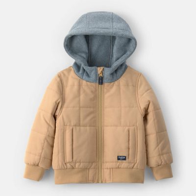 Toddler Boy Hooded Midweight Quilted Jacket - Brown
