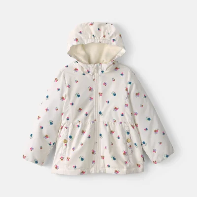 Toddler Girl Floral Hooded Midweight Winter Jacket - Cream