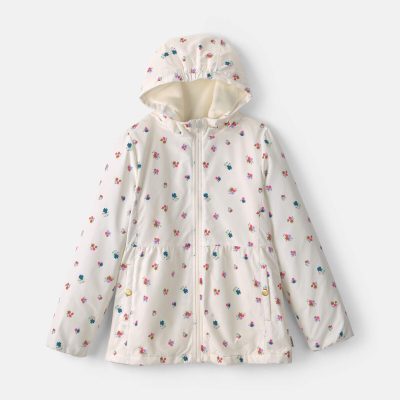 Girls Floral Hooded Midweight Winter Jacket - Cream