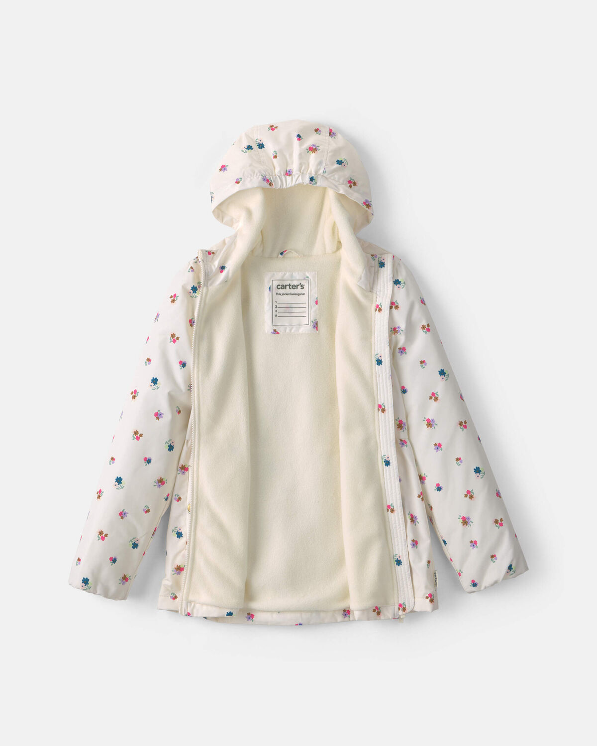 Girls Floral Hooded Midweight Winter Jacket - Cream - Image 2
