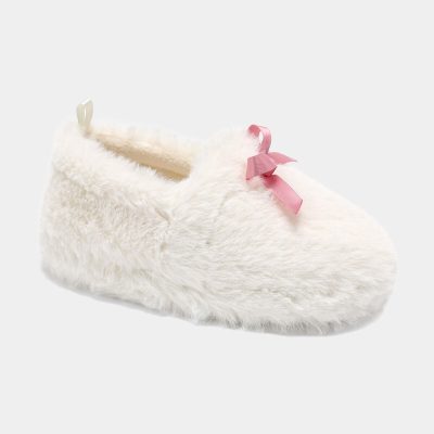 Girls Fuzzy Bow Slippers - Cream/Pink