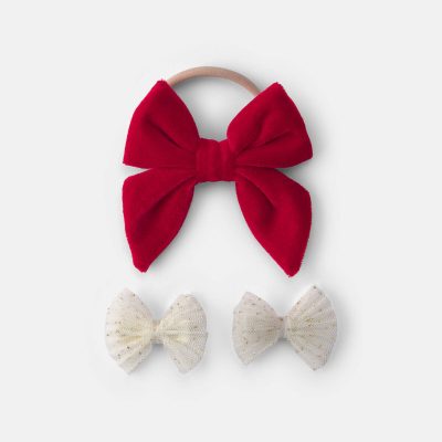 Baby Girl 3-Pack Christmas Bow Headwrap & Hair Clips - Red/Cream