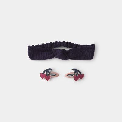 Toddler Girl 2-Pack Cherry Headwrap & Hair Clip Set - Navy Blue/Red