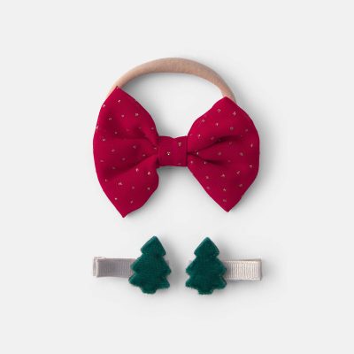 Baby Girl 3-Pack Christmas Bow Headwrap & Hair Clips - Red/Green