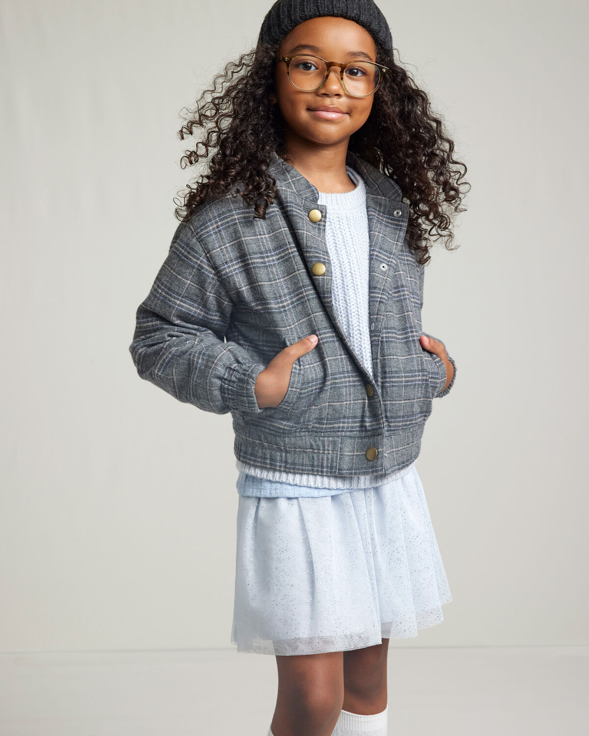 Girls Plaid Cotton Long-Sleeve Fashion Jacket - Grey - Image 2